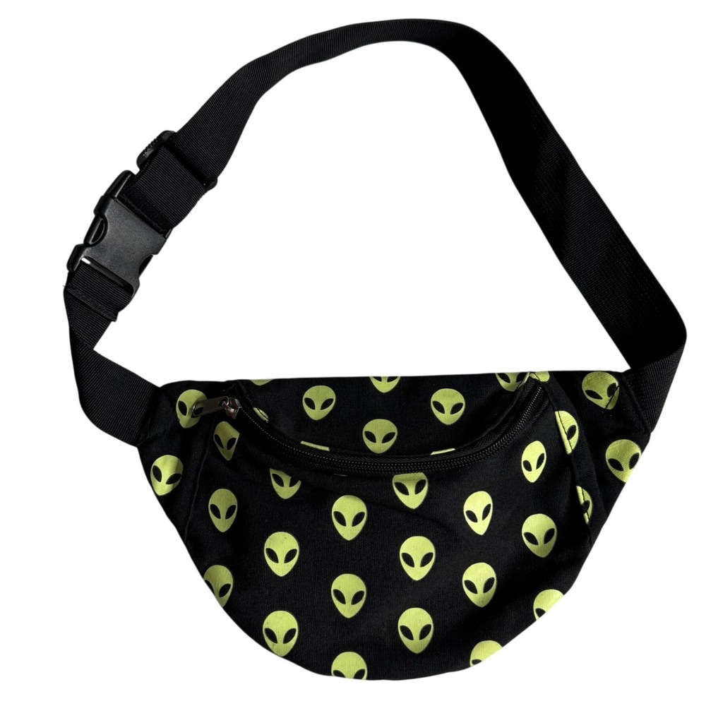 Alien Head Print Waist Bum Bag Neon Green Black Festival Fanny Pack Crossbody